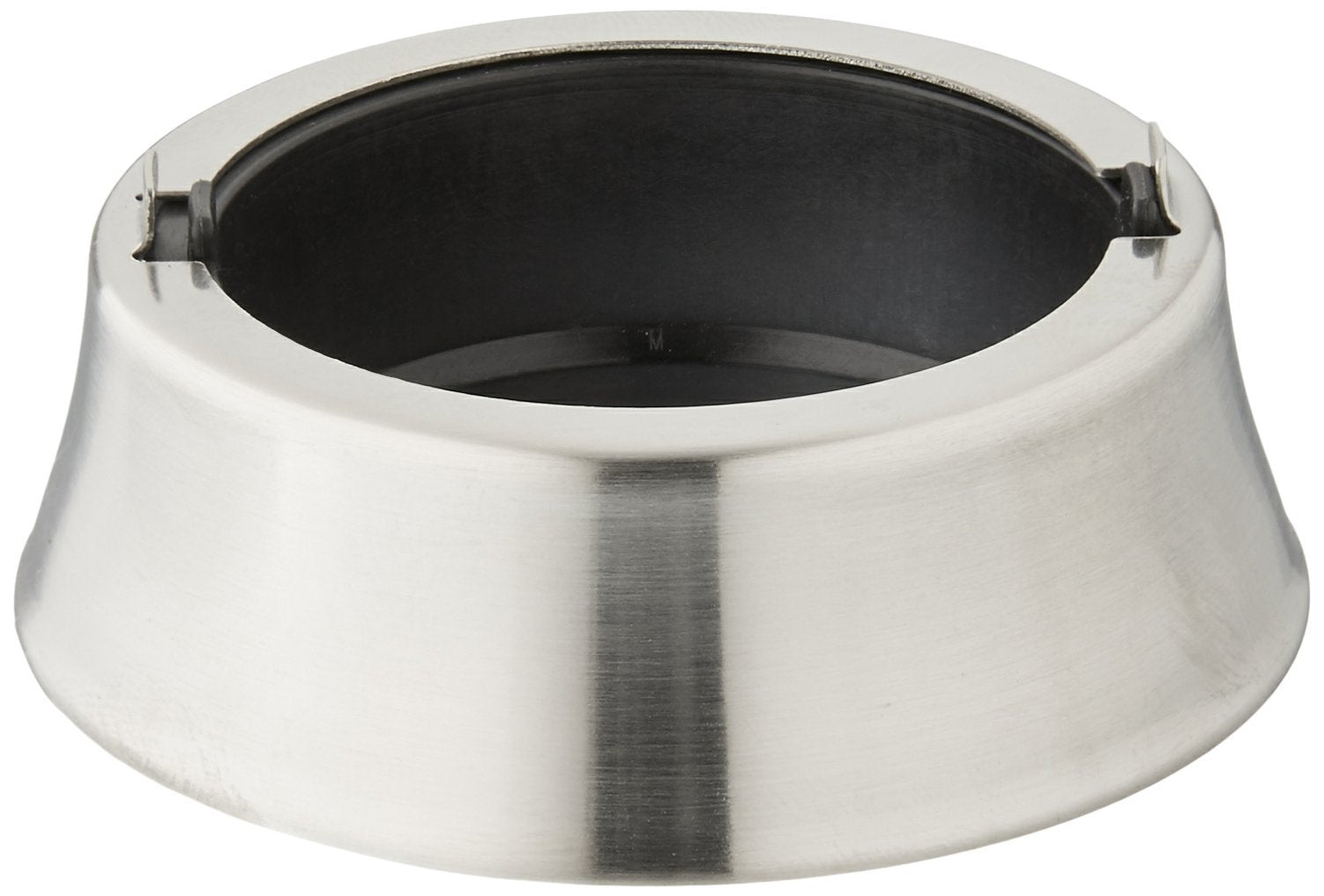 Stainless steel escutcheon ring with wide tapered base and black gasket insert for single-handle faucet installation.