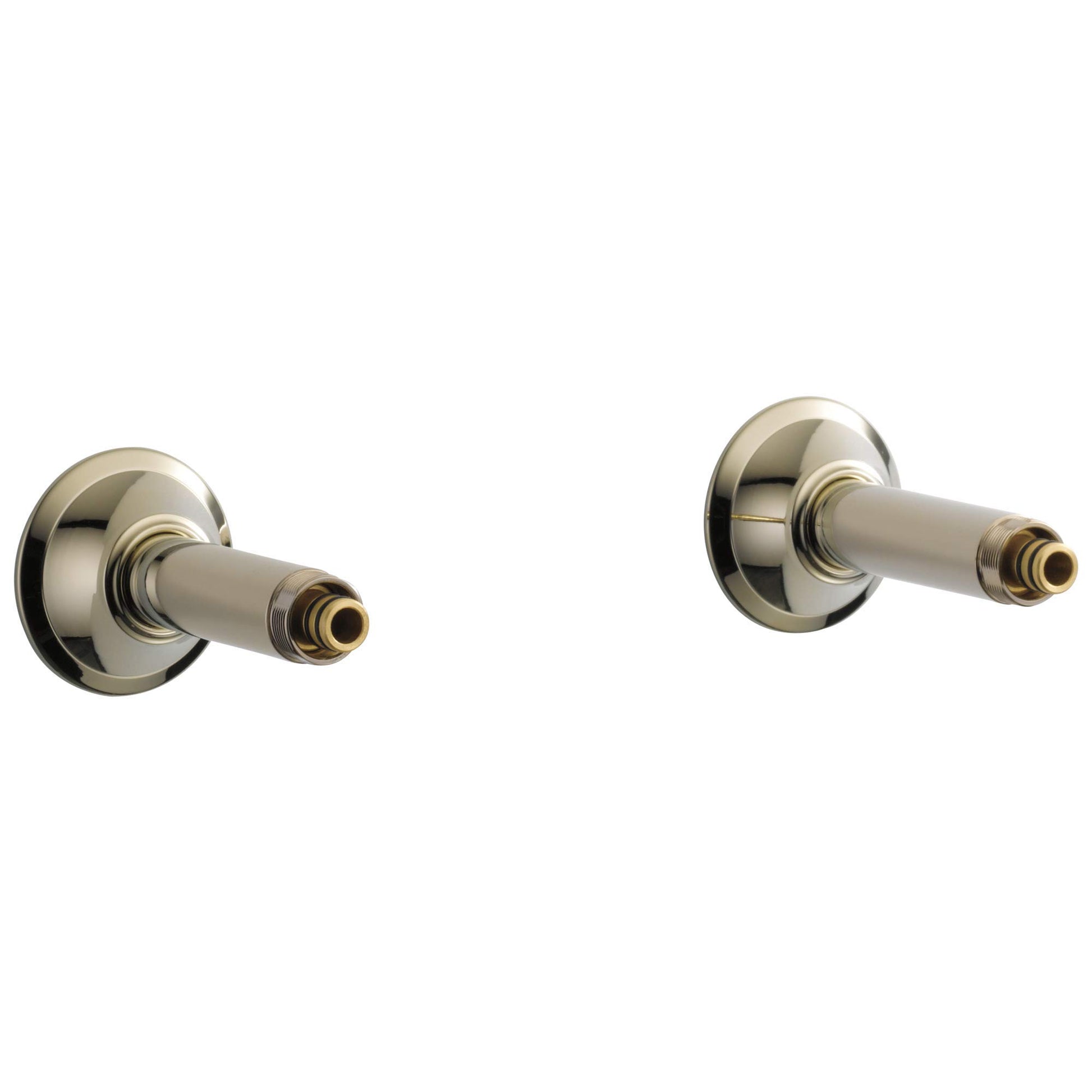 Pair of polished nickel wall-mount tub filler unions with cylindrical spouts and circular mounting flanges.