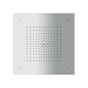 Square chrome shower head with grid pattern of small jets and center control dial.