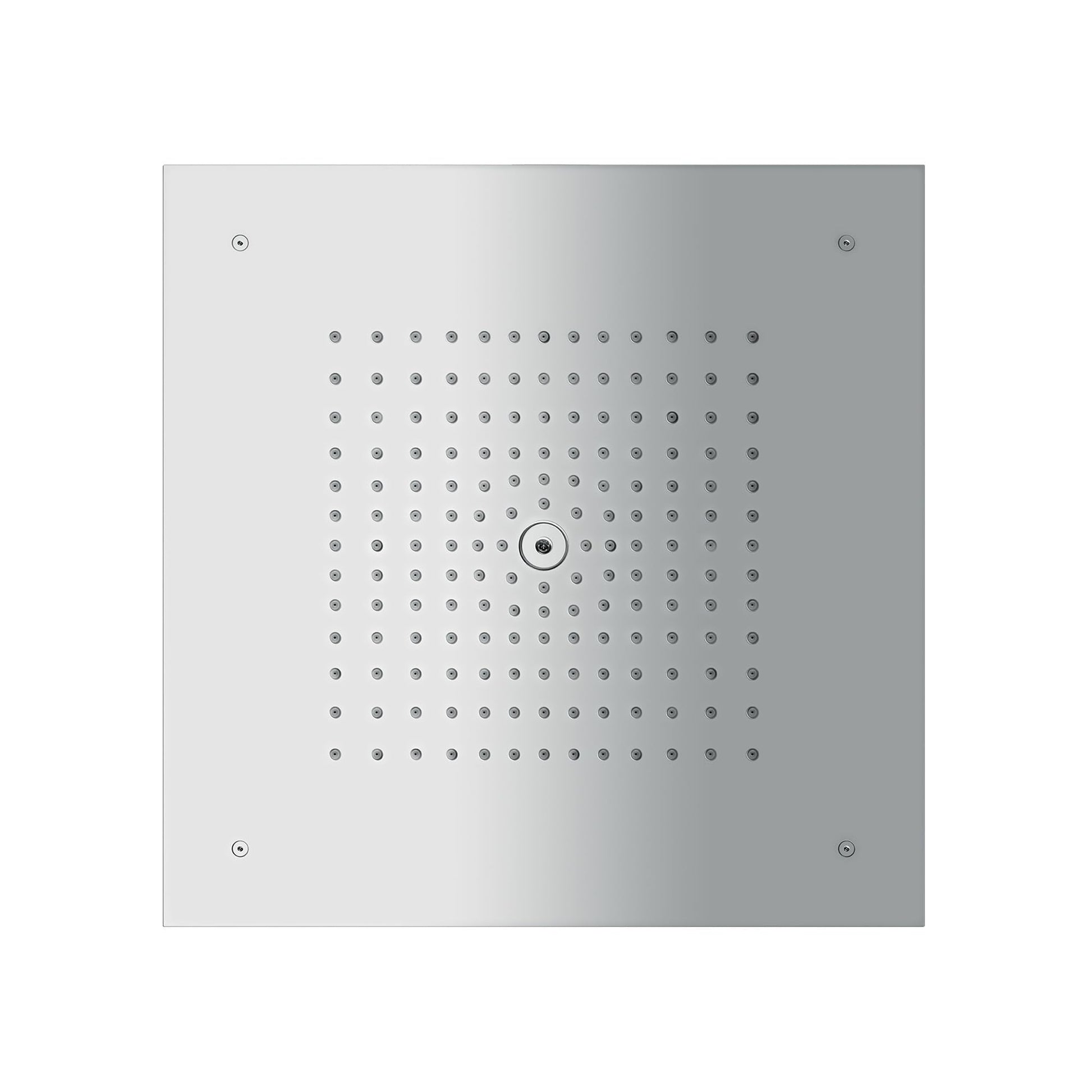 Square chrome shower head with grid pattern of small jets and center control dial.