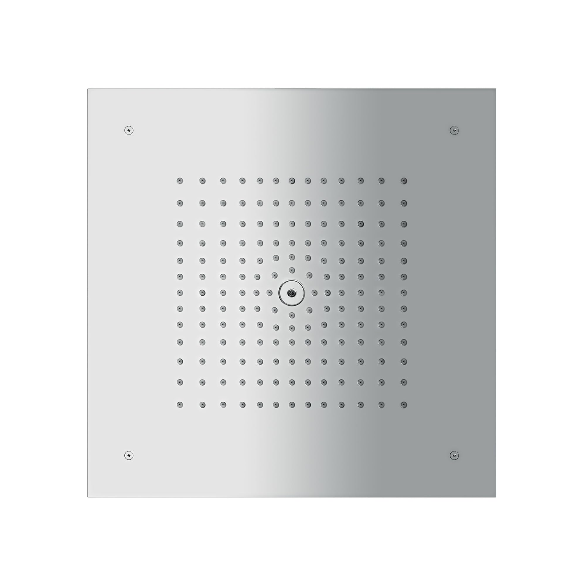 Square chrome shower head with grid pattern of small jets and center control dial.