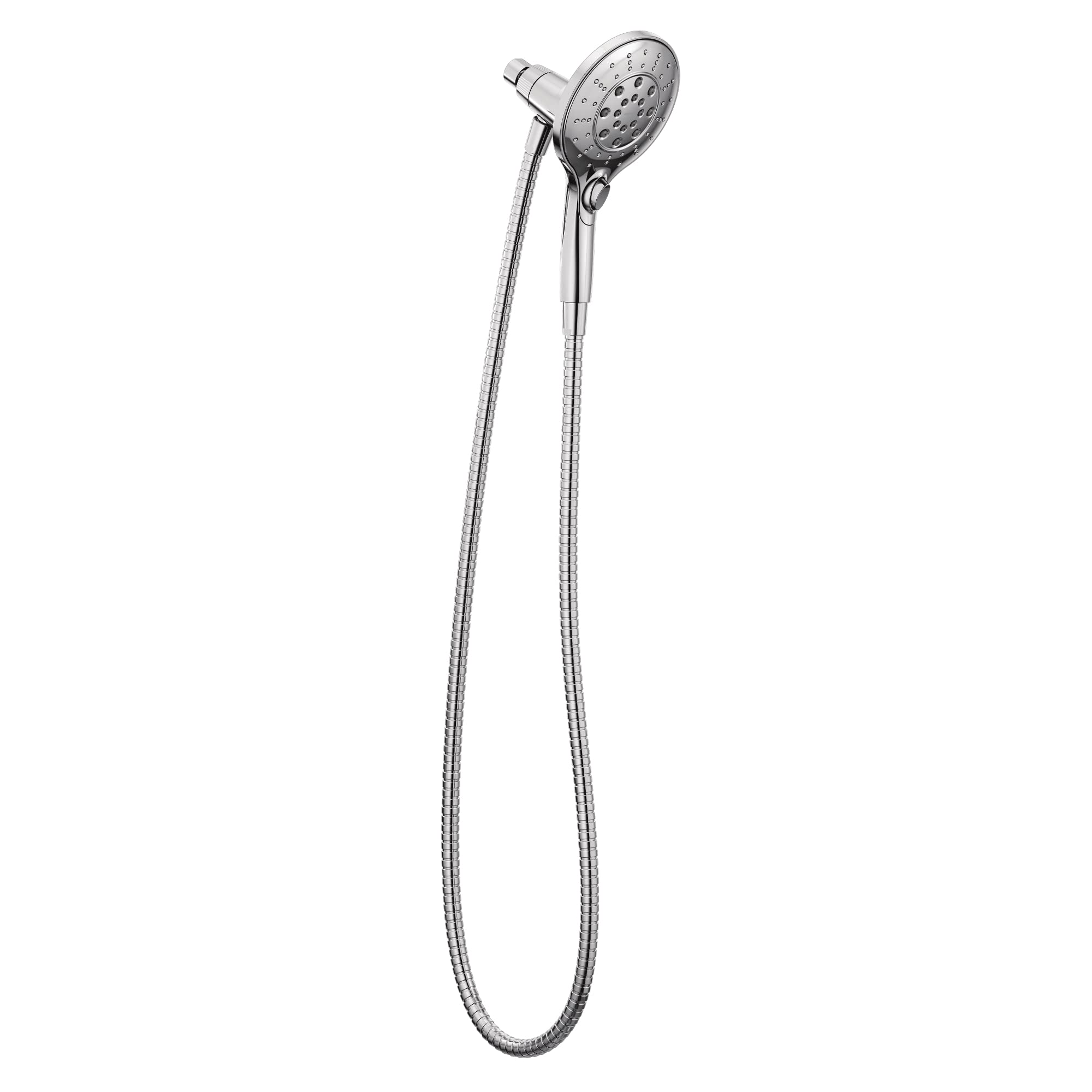 Chrome handheld showerhead with perforated face and flexible hose attached to wall mount.
