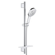 Chrome shower slide bar kit with round spray head, handheld showerhead, and white shelf against vertical rail.