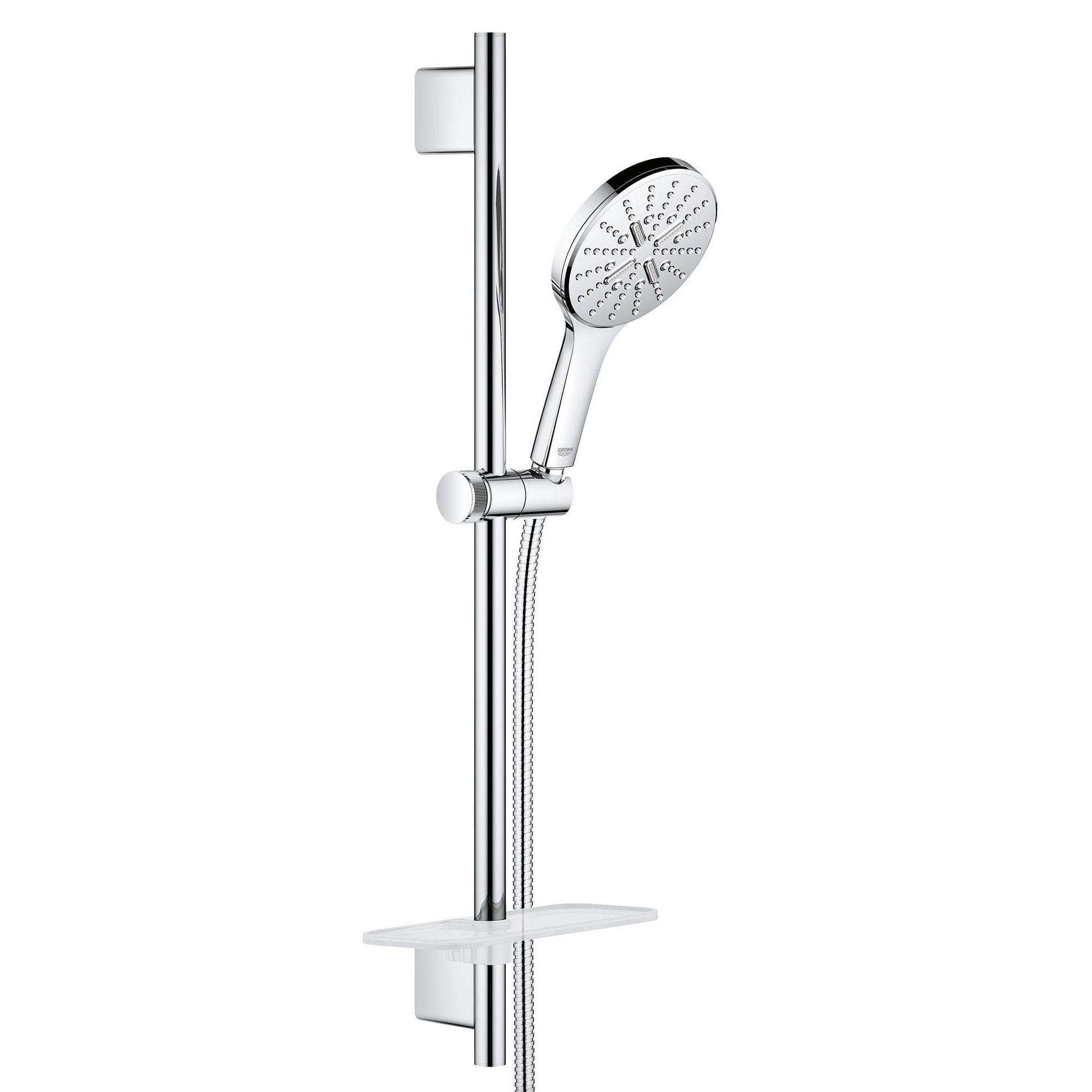Chrome shower slide bar kit with round spray head, handheld showerhead, and white shelf against vertical rail.