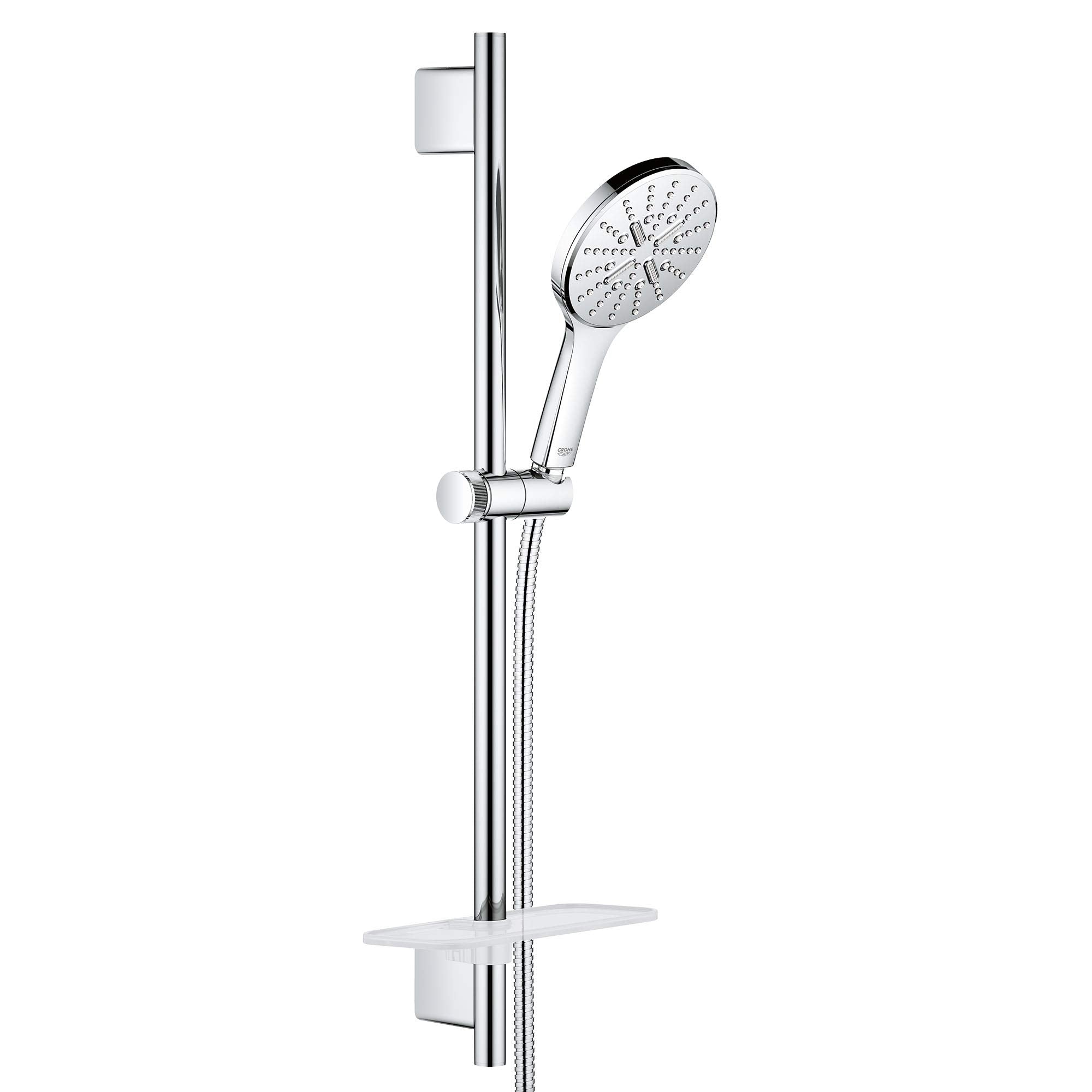 Chrome shower slide bar kit with round spray head, handheld showerhead, and white shelf against vertical rail.