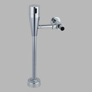 Chrome electronic urinal flush valve with sensor head and floor-mounted vertical pipe assembly.