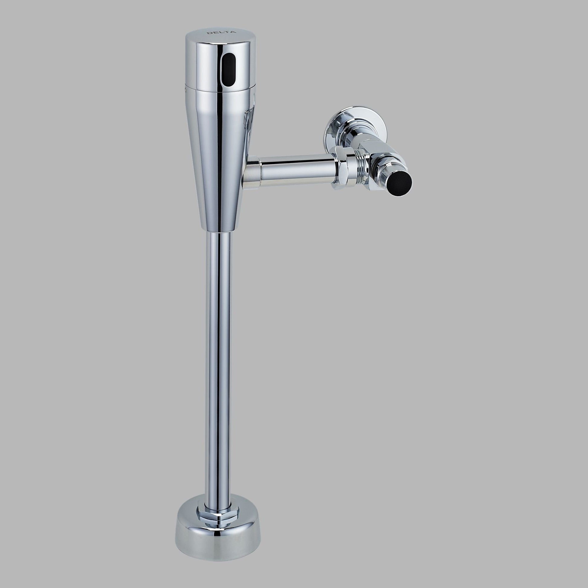 Chrome electronic urinal flush valve with sensor head and floor-mounted vertical pipe assembly.