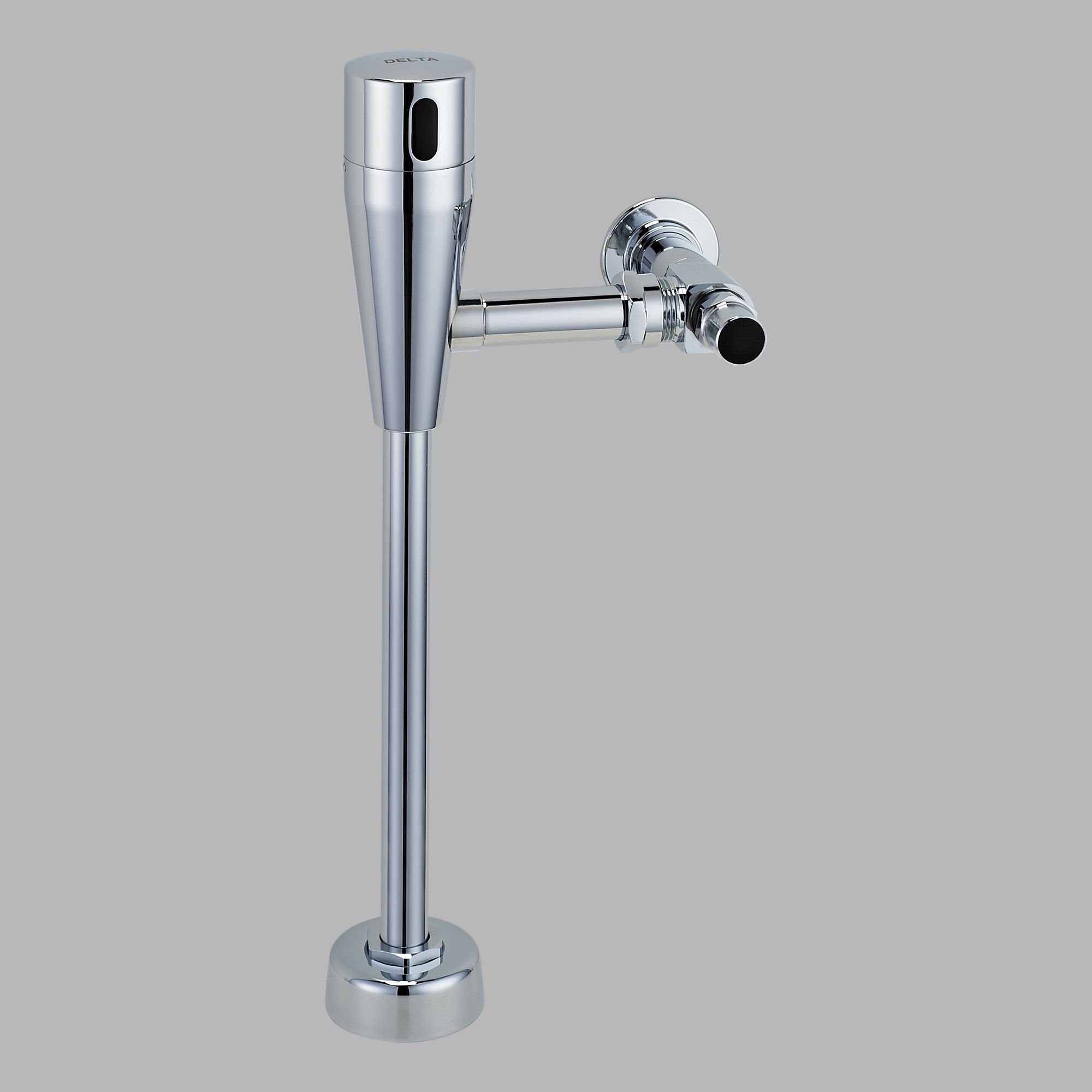 Chrome electronic urinal flush valve with sensor head and floor-mounted vertical pipe assembly.