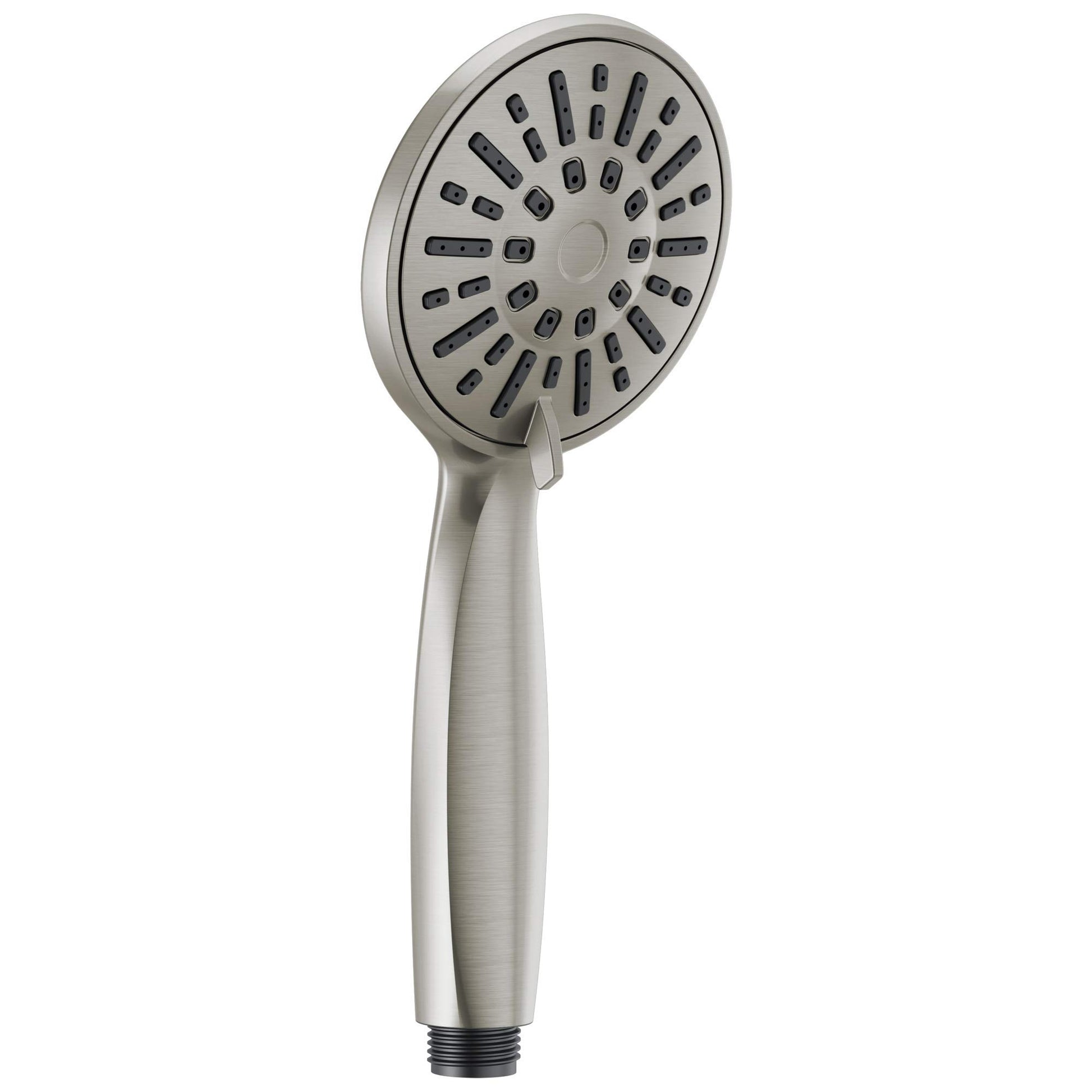 Brushed nickel hand shower with circular face featuring multiple spray holes and tapered handle with threaded connector.
