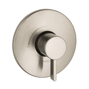 Brushed nickel circular shower valve trim with single lever handle and temperature adjustment markings.