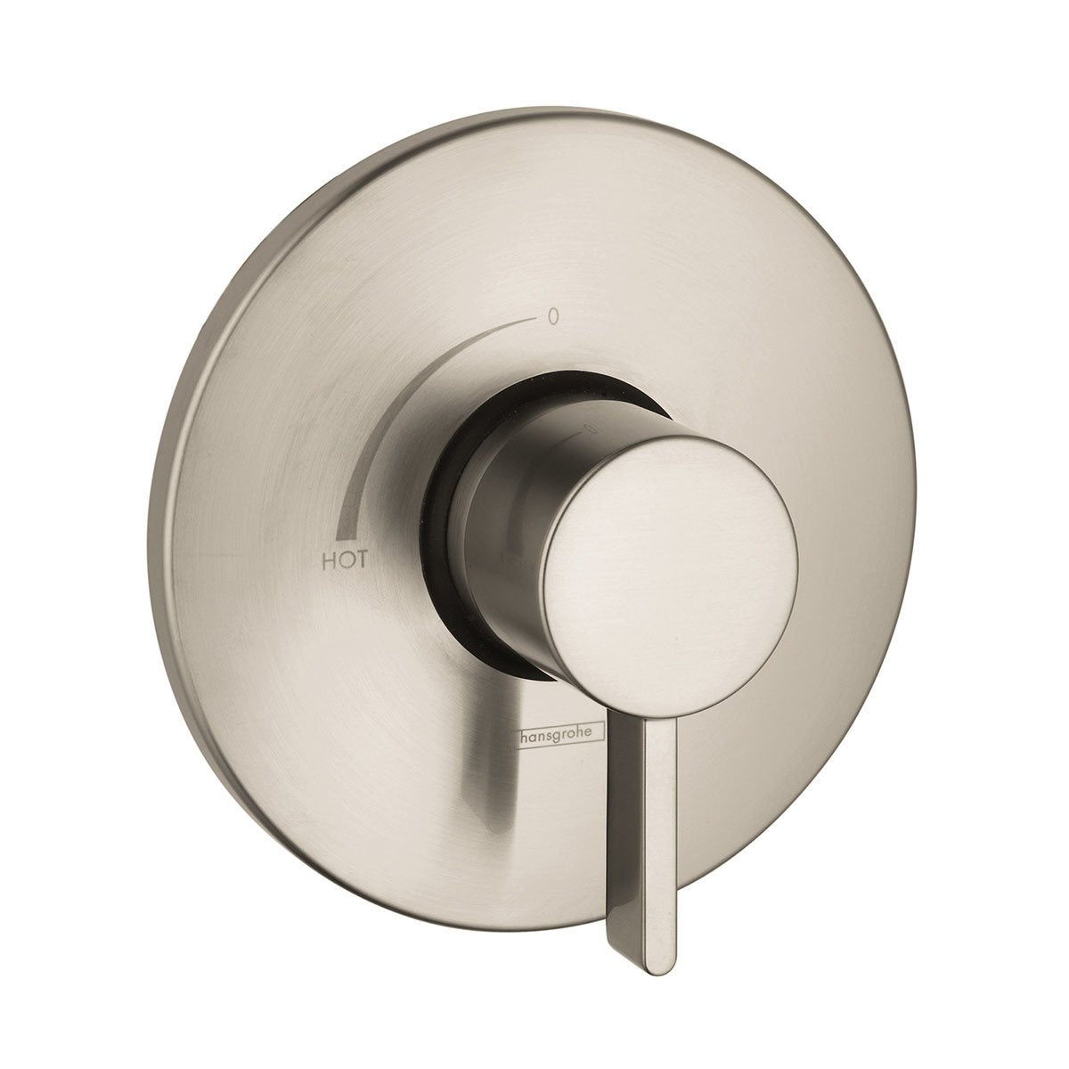 Brushed nickel circular shower valve trim with single lever handle and temperature adjustment markings.