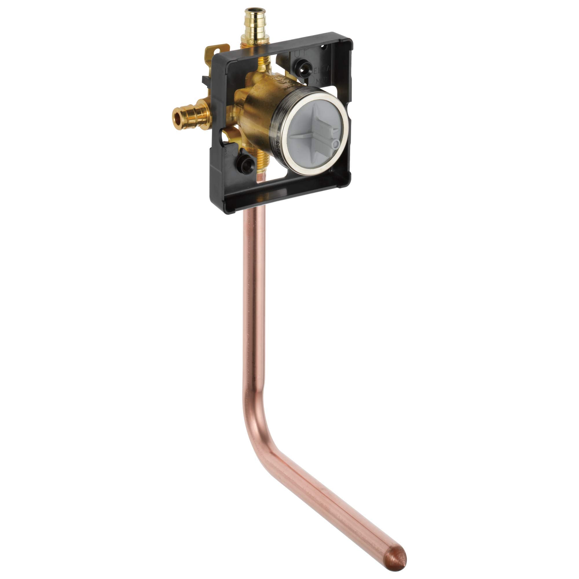 Brass pressure balance valve with black housing, copper supply line, and circular trim ring outlet.
