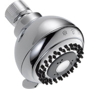 Chrome shower head with adjustable ball joint and multiple black spray nozzles on rounded face.