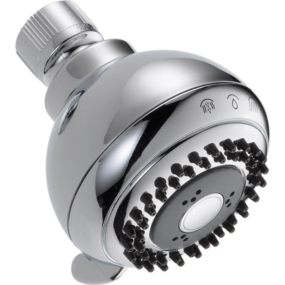 Chrome shower head with adjustable ball joint and multiple black spray nozzles on rounded face.