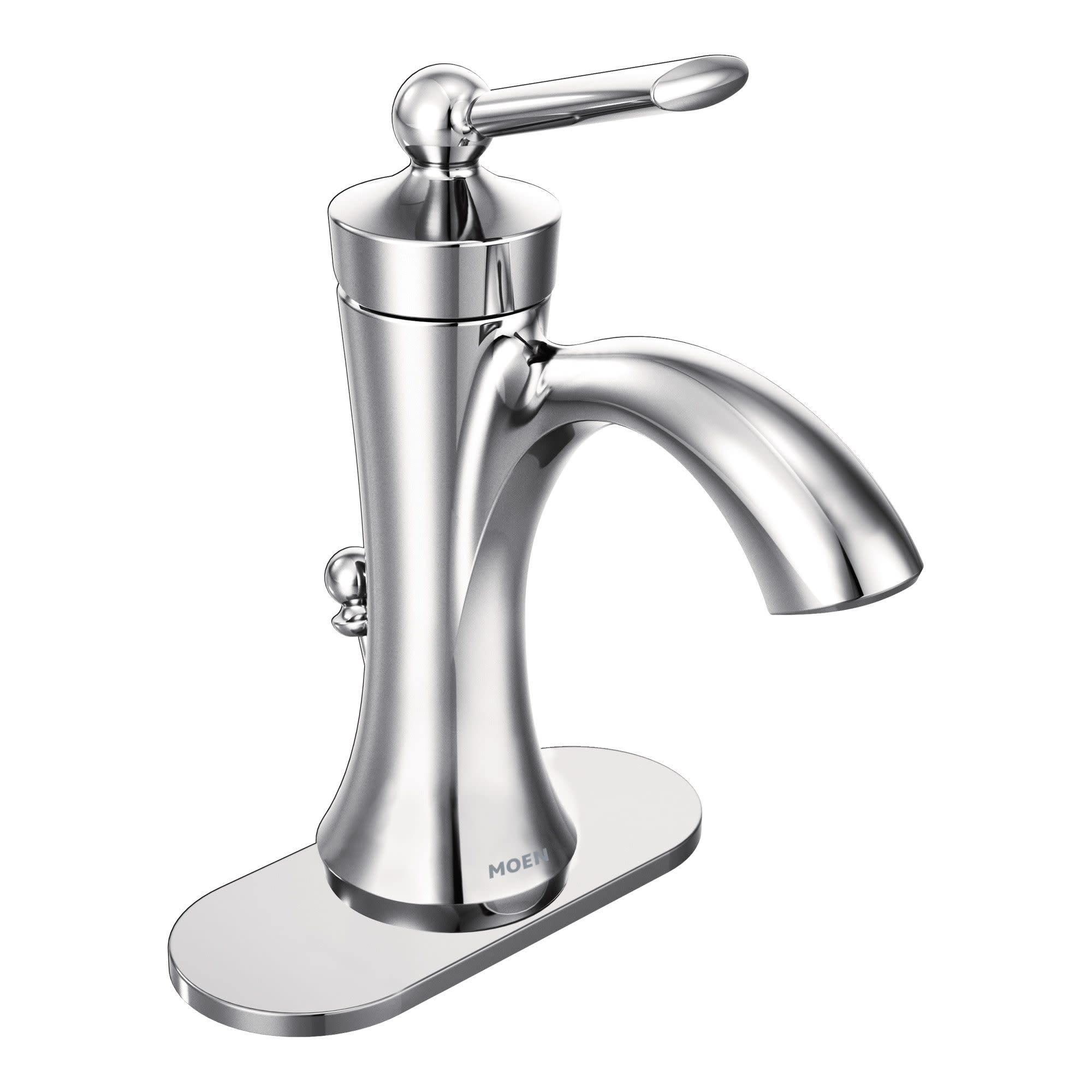 Chrome bathroom faucet with single handle lever, high curved spout, and rectangular base.