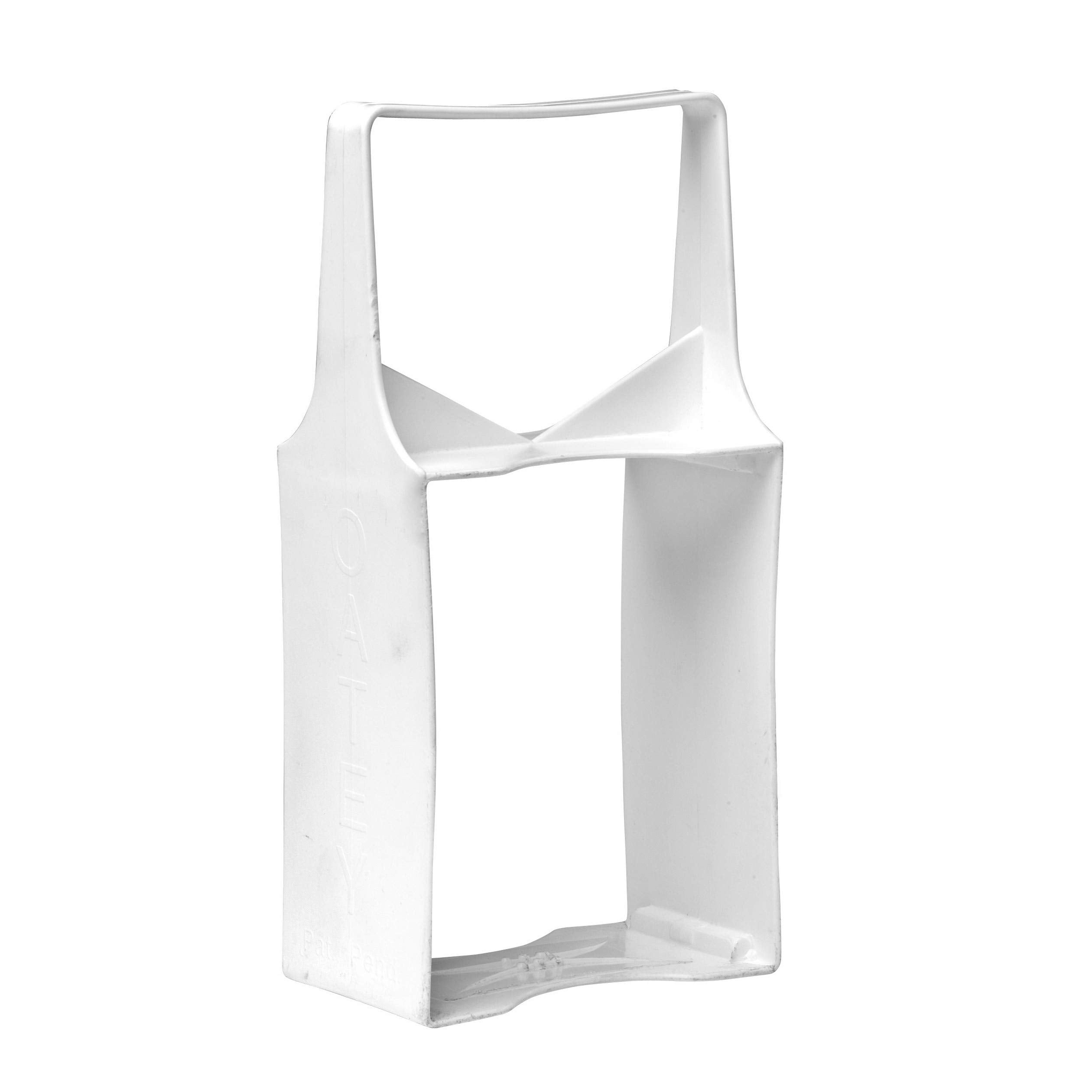 White plastic cement can carrier with handle and 32 oz capacity.