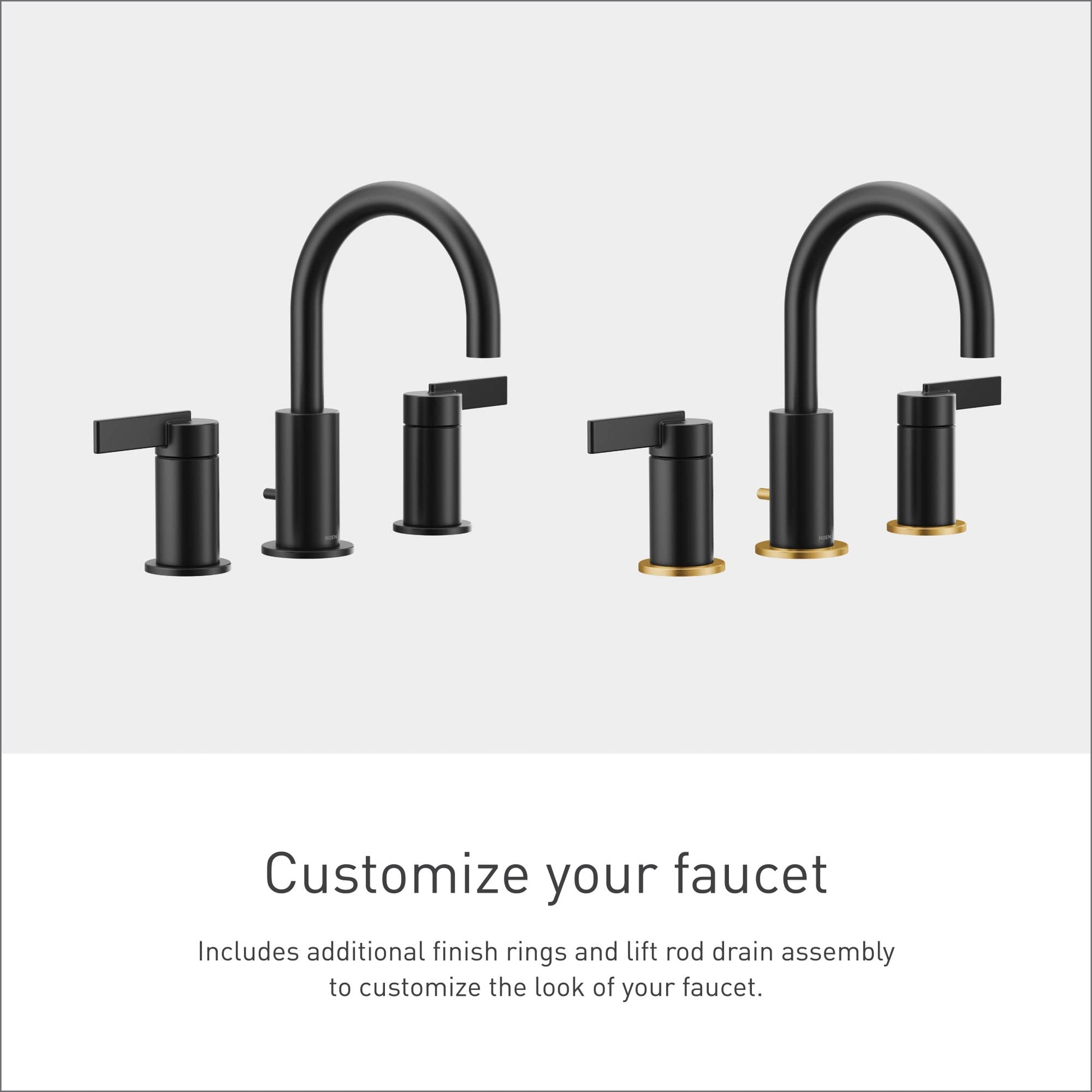 Matte black widespread bathroom faucet trim kit with high arc spout, two handles, and optional gold finish accent rings.