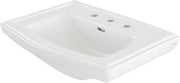 White rectangular bathroom sink basin with three faucet holes and curved sides.
