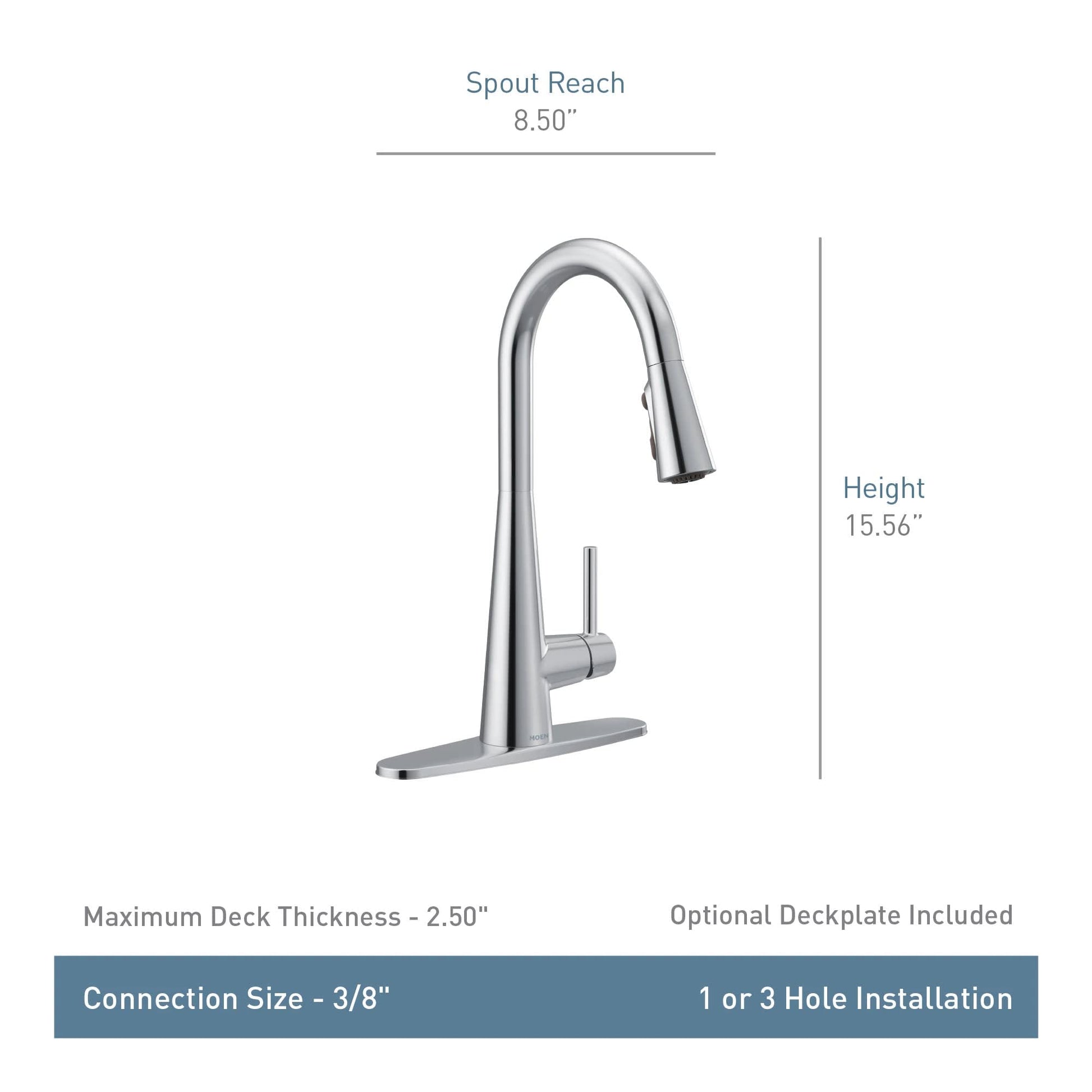 Chrome kitchen faucet with high arc spout, single handle, and pulldown sprayer head.