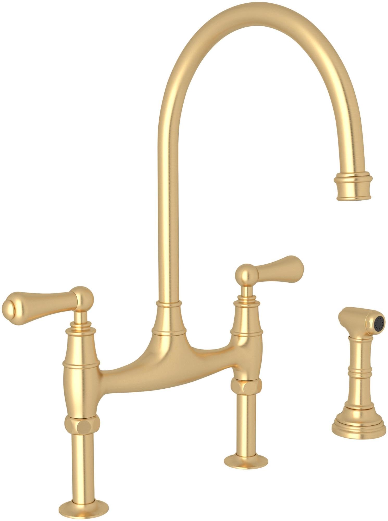 Satin English gold bridge kitchen faucet with arched spout, dual handles, center spray, and side spray attachment.