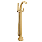 Brushed gold freestanding tub filler with curved spout, single handle, and attached handheld showerhead on hose.