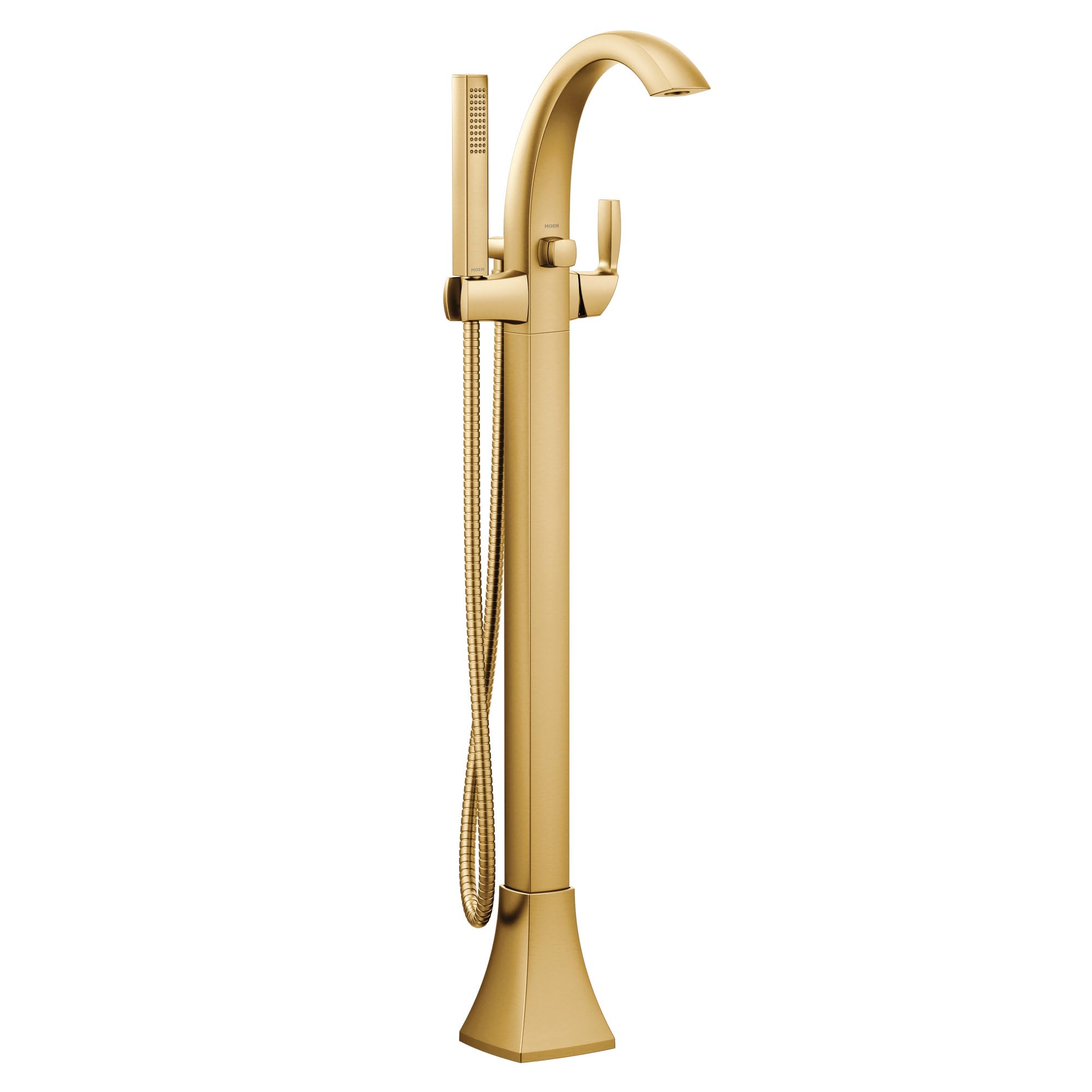 Brushed gold freestanding tub filler with curved spout, single handle, and attached handheld showerhead on hose.