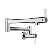 Chrome wall-mounted potfiller faucet with articulating arm and single lever handle.