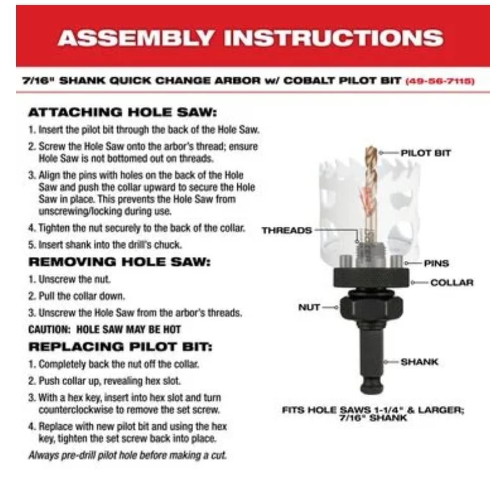 Assembly instructions for Milwaukee hole saw kit showing arbor with pilot bit, threads, collar, pins, nut, and shank labeled 