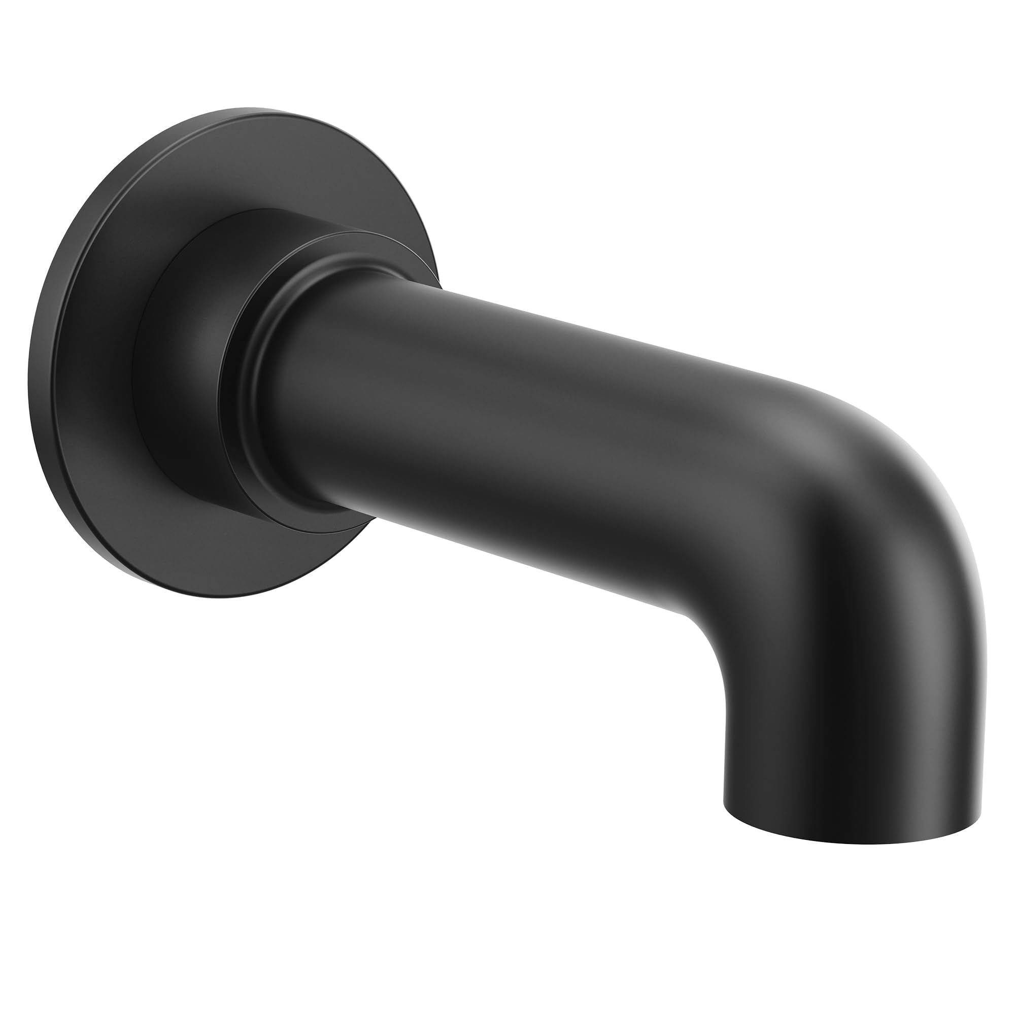 Matte black curved tub spout with round wall mounting flange and slip fit connection.