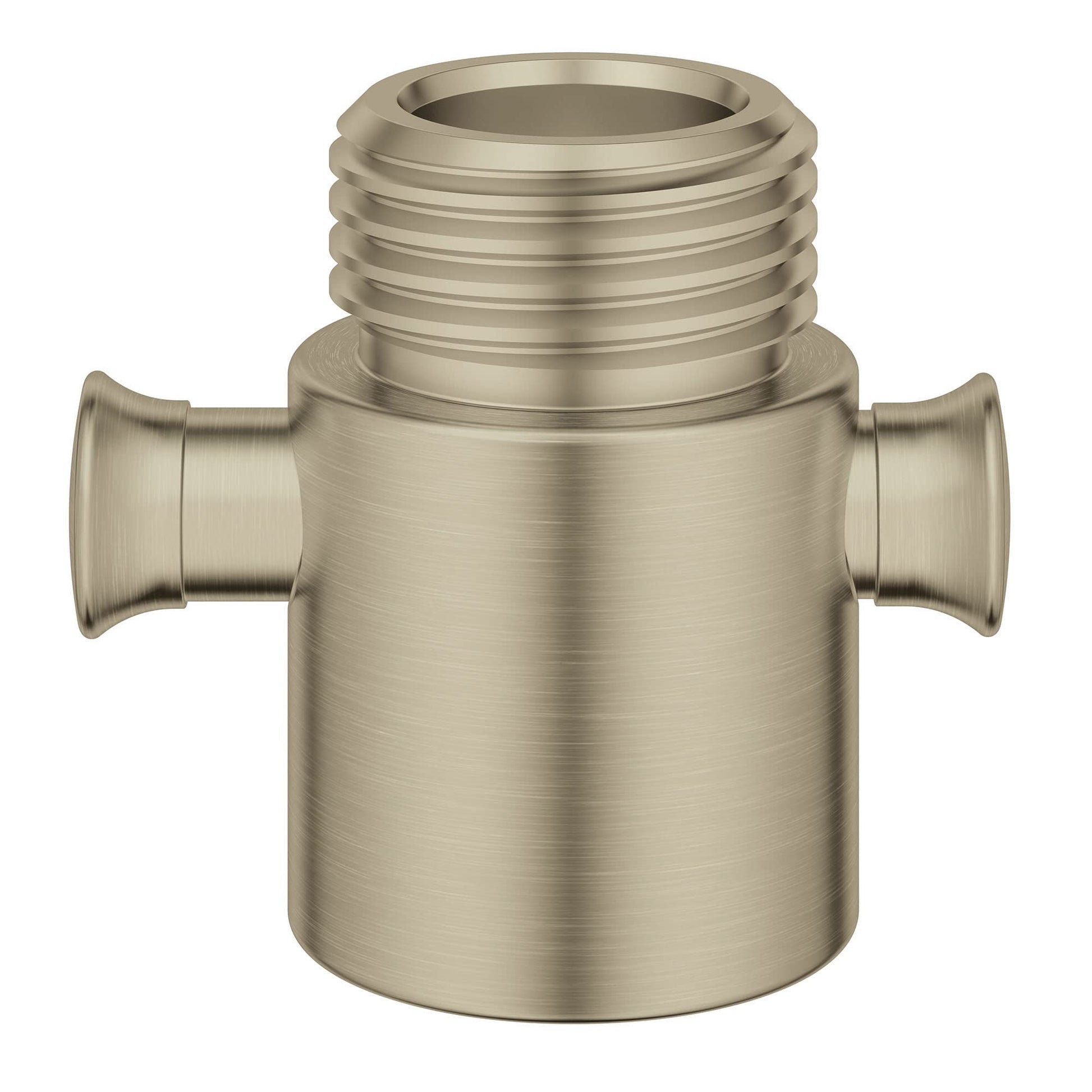 Brushed nickel cylindrical valve body with threaded top and two side ports for shower volume control.