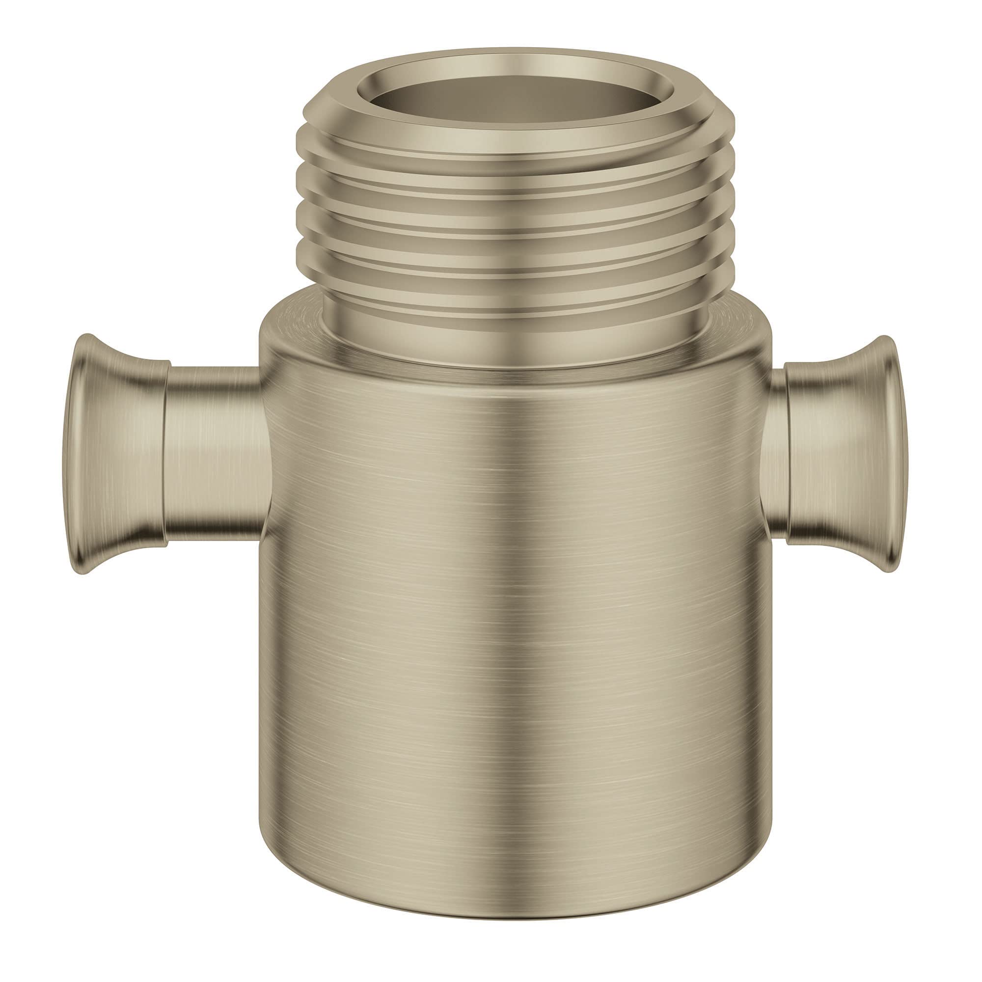 Brushed nickel cylindrical valve body with threaded top and two side ports for shower volume control.