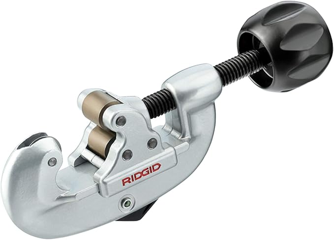 RIDGID screw feed tubing cutter with metal body, brass rollers, and black adjustment knob for cutting pipes 5/8 to 2-1/8 inch