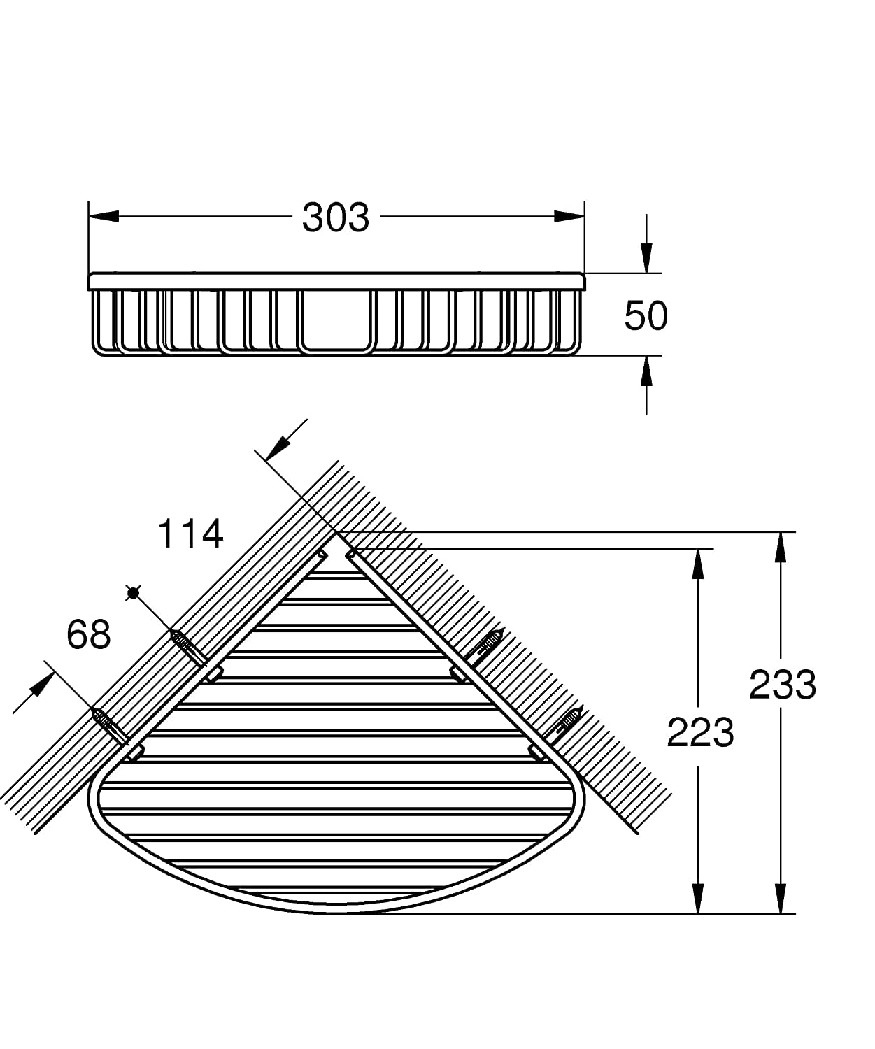 Chrome wire basket with rectangular top section and curved triangular bottom section, shown in technical drawing with dimensi