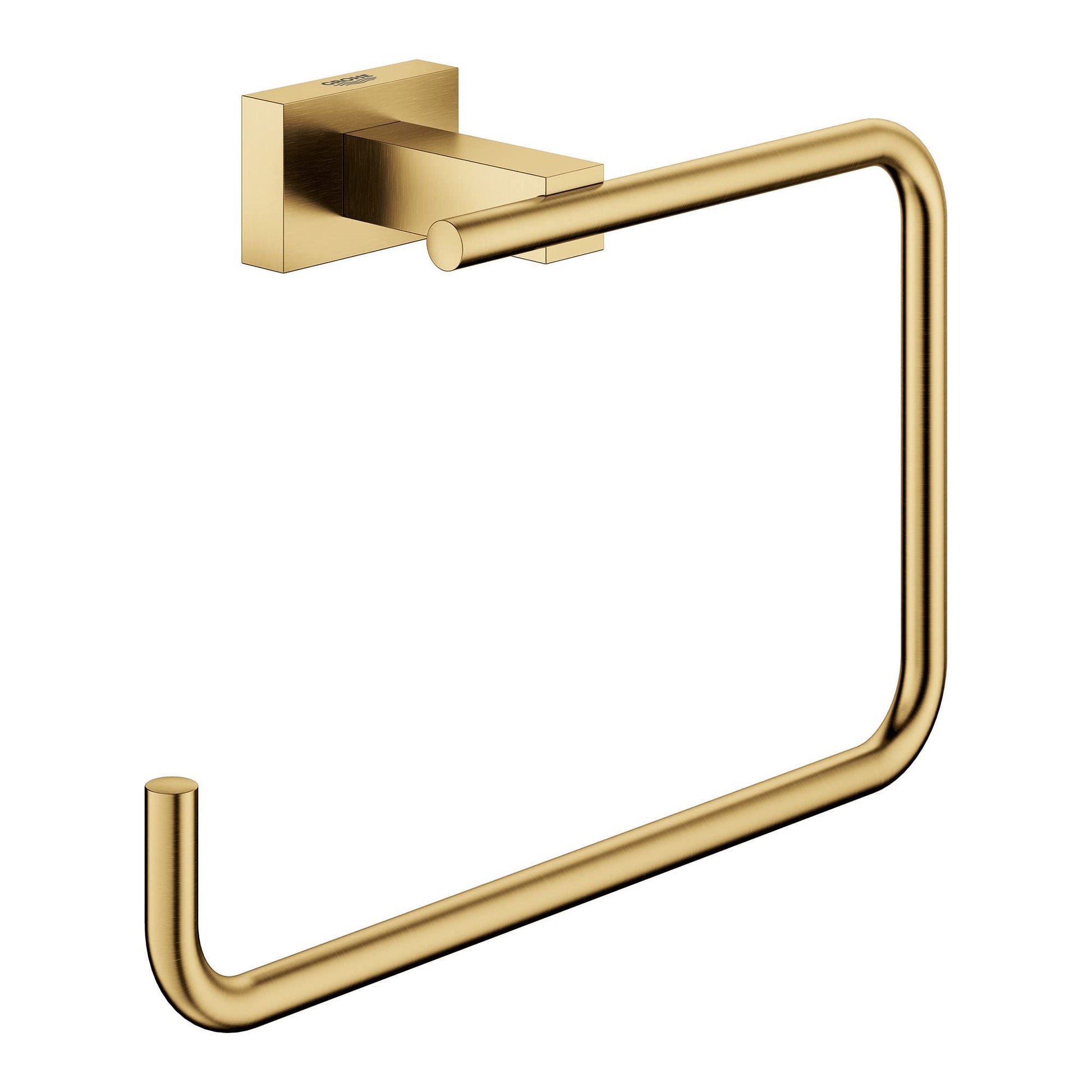 Brushed gold square wall-mounted towel ring with curved open rectangular design and cubic mounting plate.