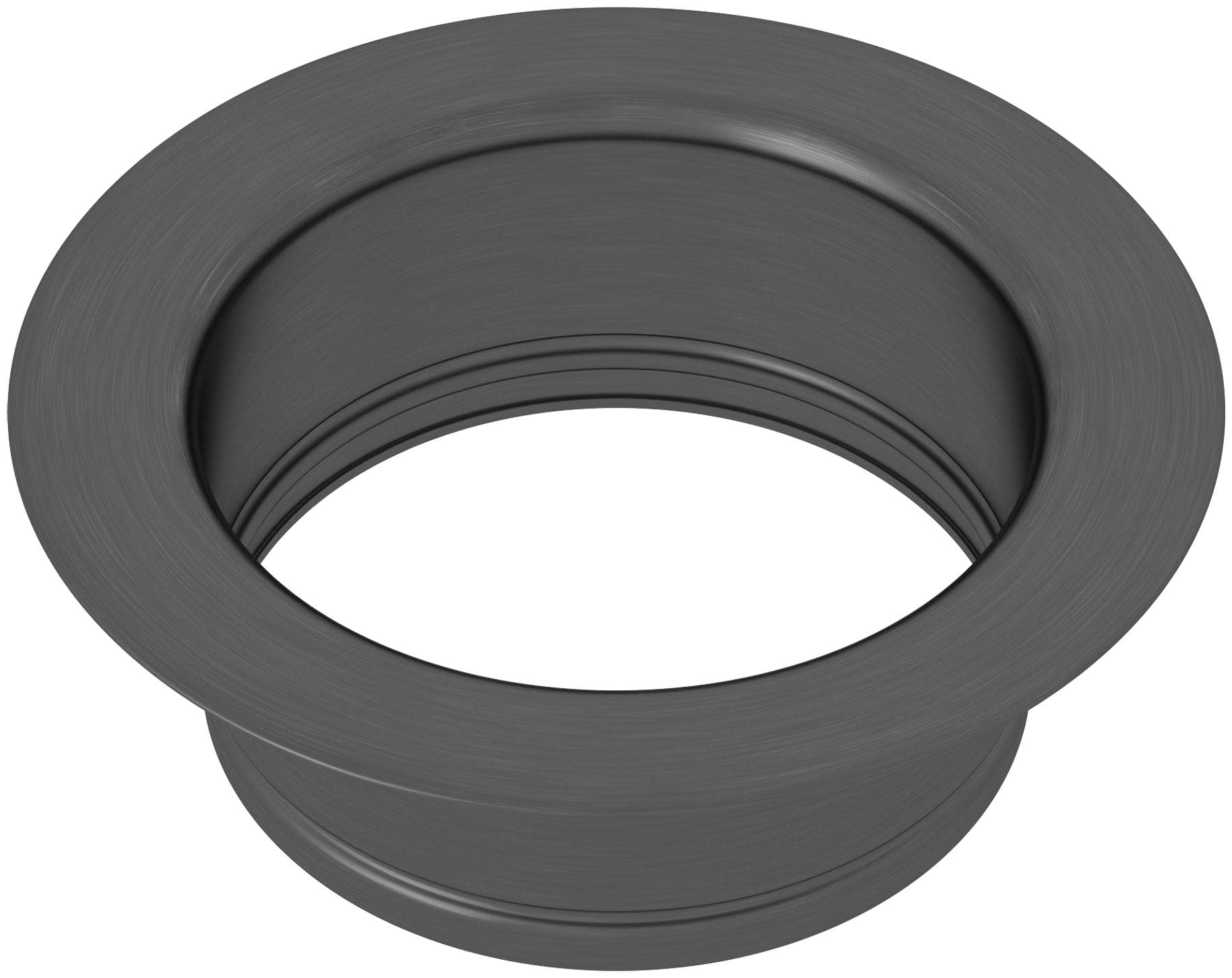 Black stainless steel garbage disposal flange with recessed center opening and brushed finish.