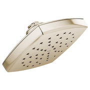 Polished nickel rainshower showerhead with wide rectangular face and multiple spray jets.