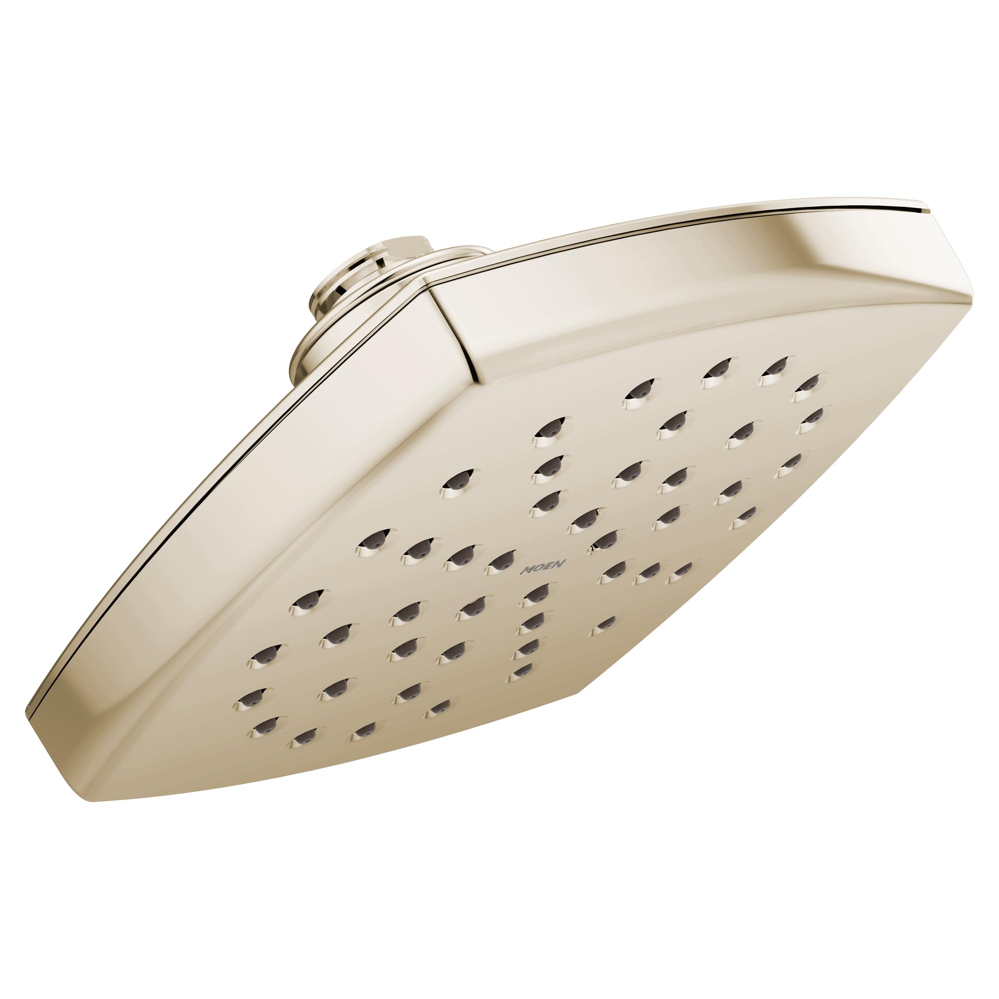 Polished nickel rainshower showerhead with wide rectangular face and multiple spray jets.