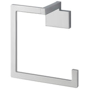 Chrome towel ring with rectangular mounting plate and angled arm extending from corner.