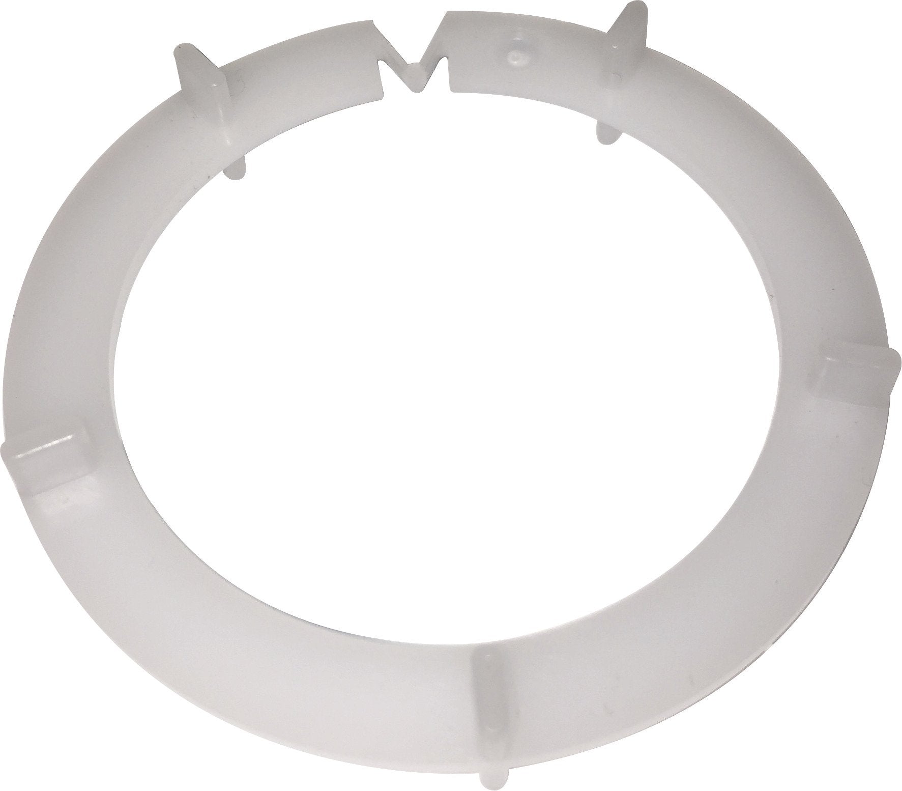 White plastic circular spacer ring with mounting tabs and internal cutouts.