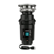 Moen GT50C garbage disposal with stainless steel sink flange, black motor housing, and attached power cord.