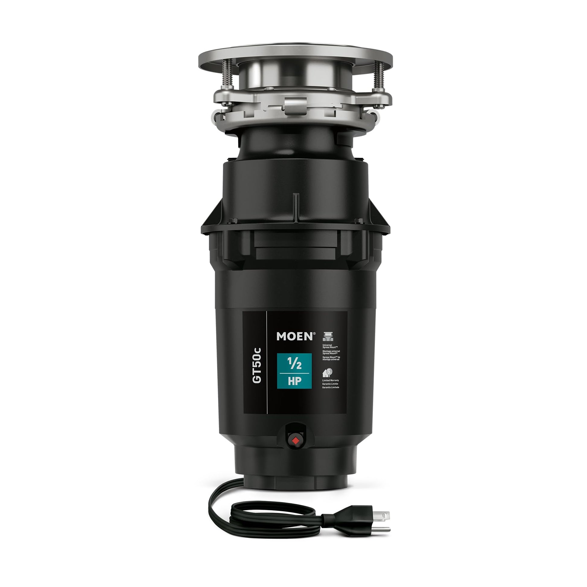 Moen GT50C garbage disposal with stainless steel sink flange, black motor housing, and attached power cord.