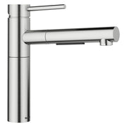 Stainless steel pull-out kitchen faucet with cylindrical body, rotating spout, and single lever handle.