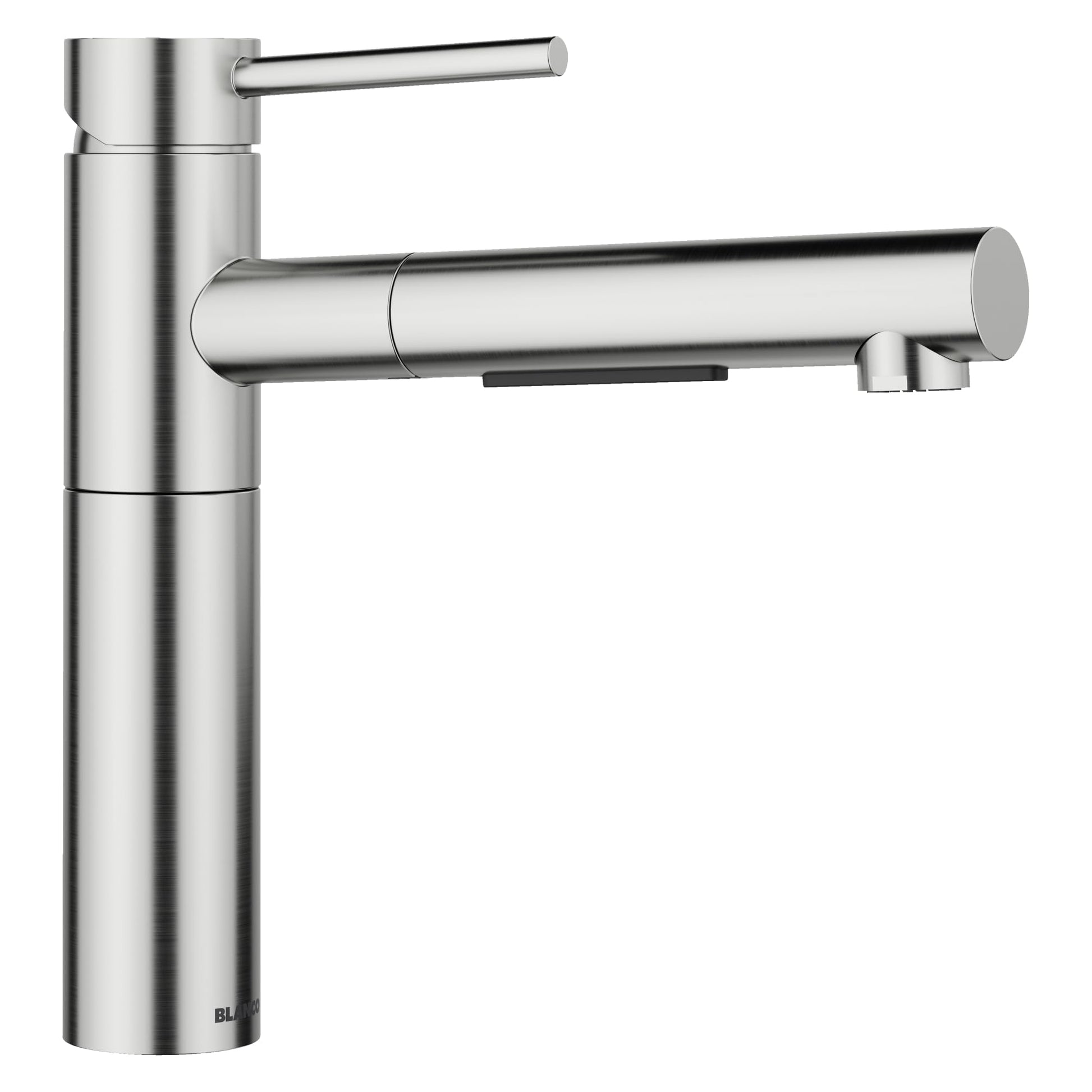 Stainless steel pull-out kitchen faucet with cylindrical body, rotating spout, and single lever handle.
