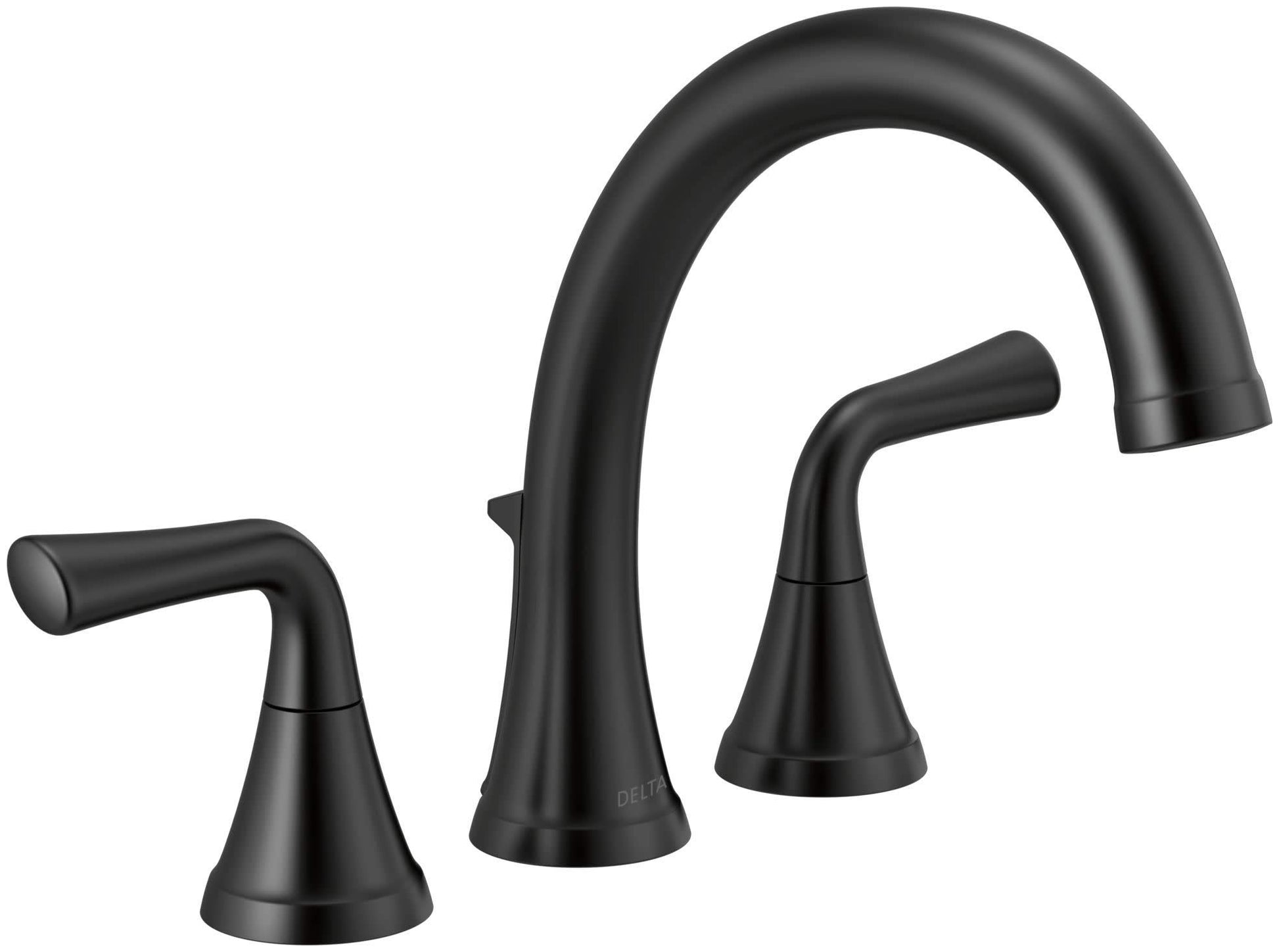 Matte black three-piece Roman tub faucet trim with curved spout and lever handles.