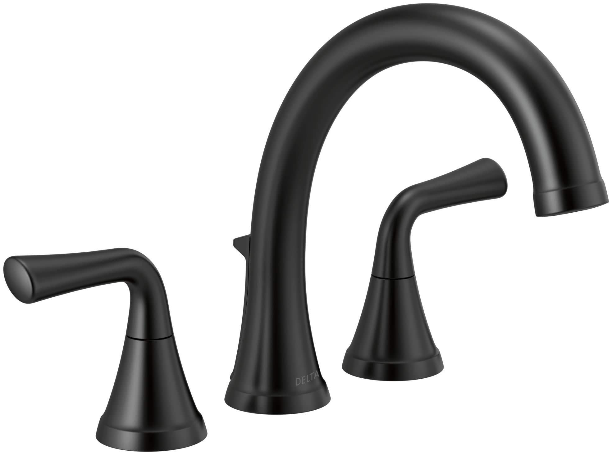 Matte black three-piece Roman tub faucet trim with curved spout and lever handles.