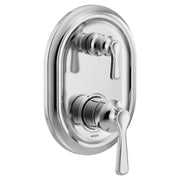 Chrome shower trim with two lever handles and oval escutcheon plate for wall-mounted installation.