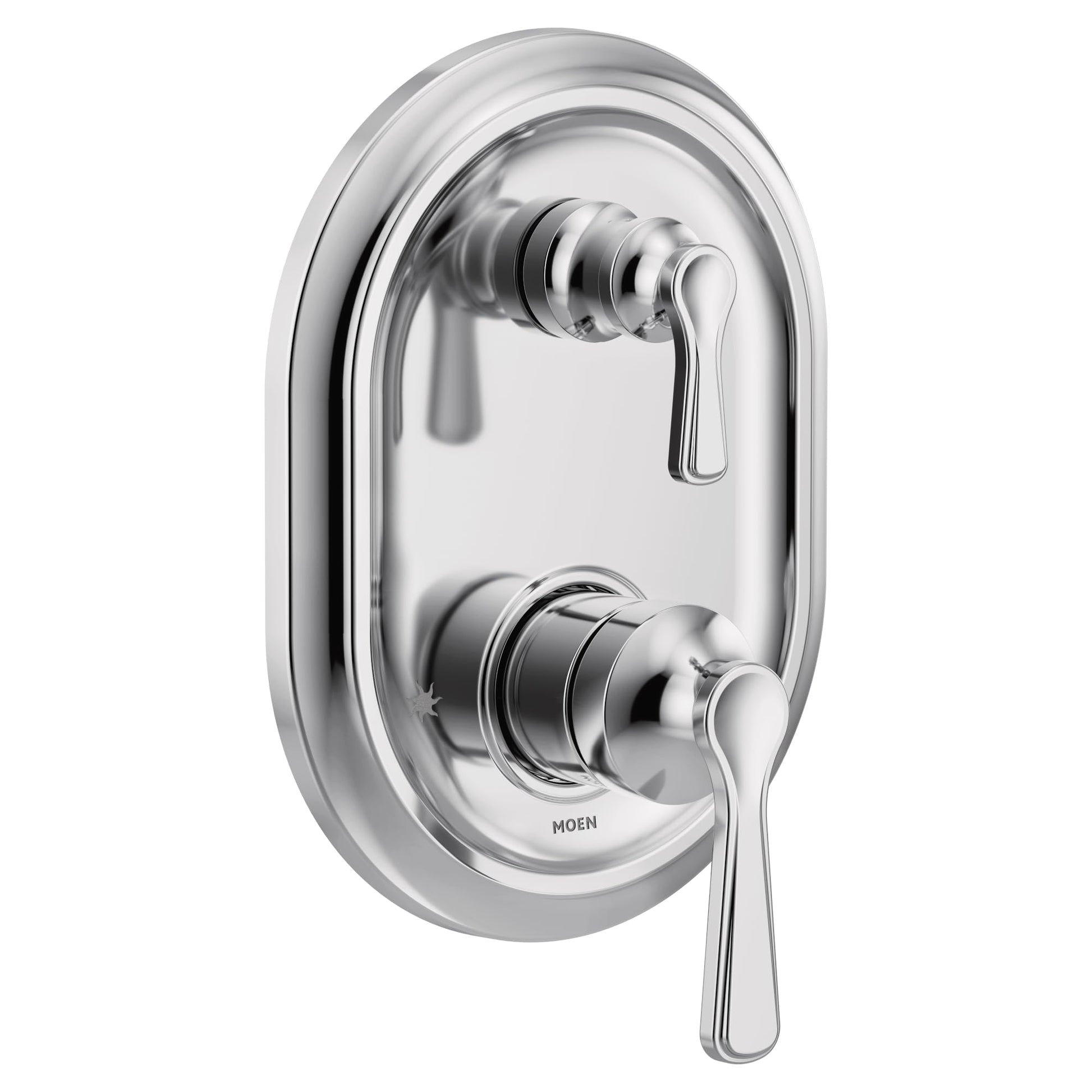 Chrome shower trim with two lever handles and oval escutcheon plate for wall-mounted installation.