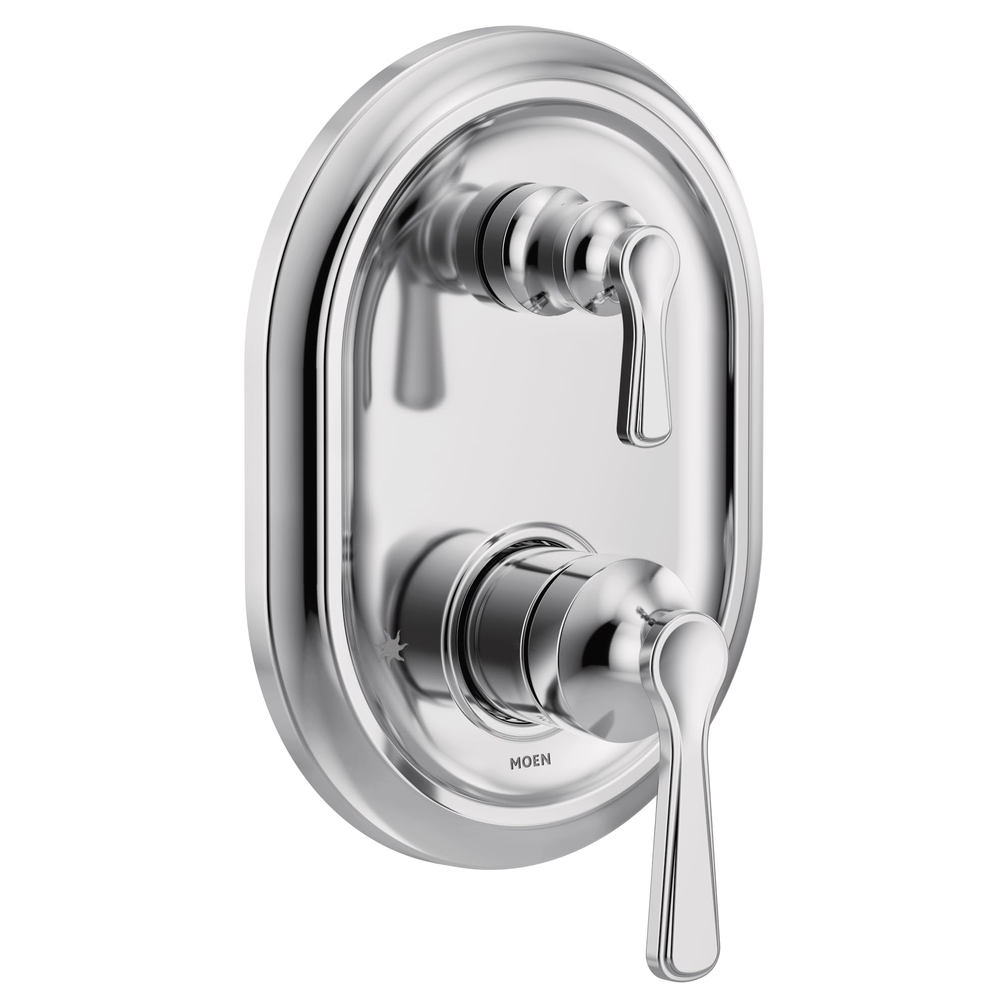 Chrome shower trim with two lever handles and oval escutcheon plate for wall-mounted installation.