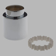 Chrome trim sleeve with nested spacer ring and translucent plastic spacer component displayed separately.