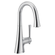 Chrome pulldown bar faucet with single handle and curved spout.